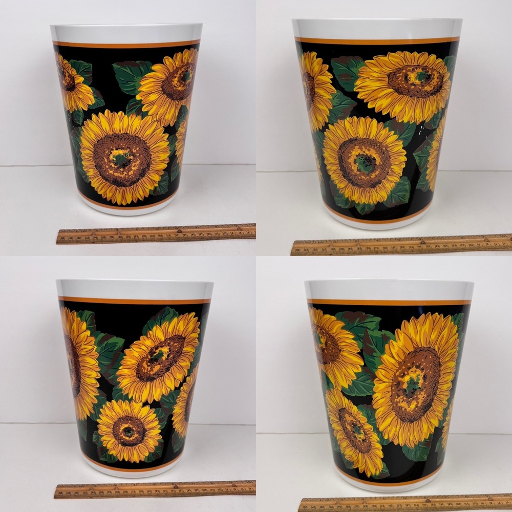 Rare Vtg Plastic Round Sunflower Garbage Can Bathroom Bedroom Grunge White Black - Picture 3 of 10